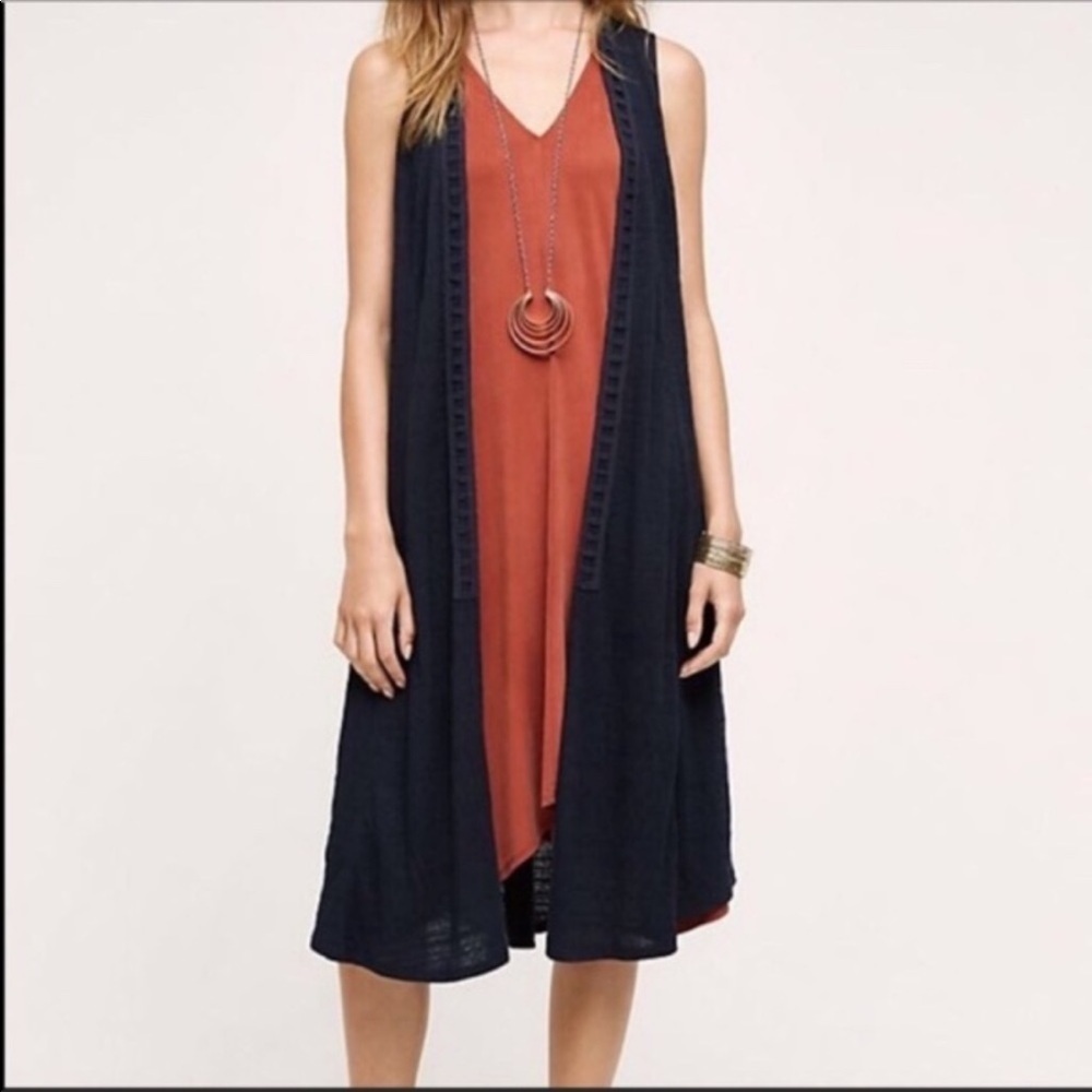 ANTHROPOLOGIE Saturday Sunday Macrame Sleeveless Duster Cardigan Navy Blue